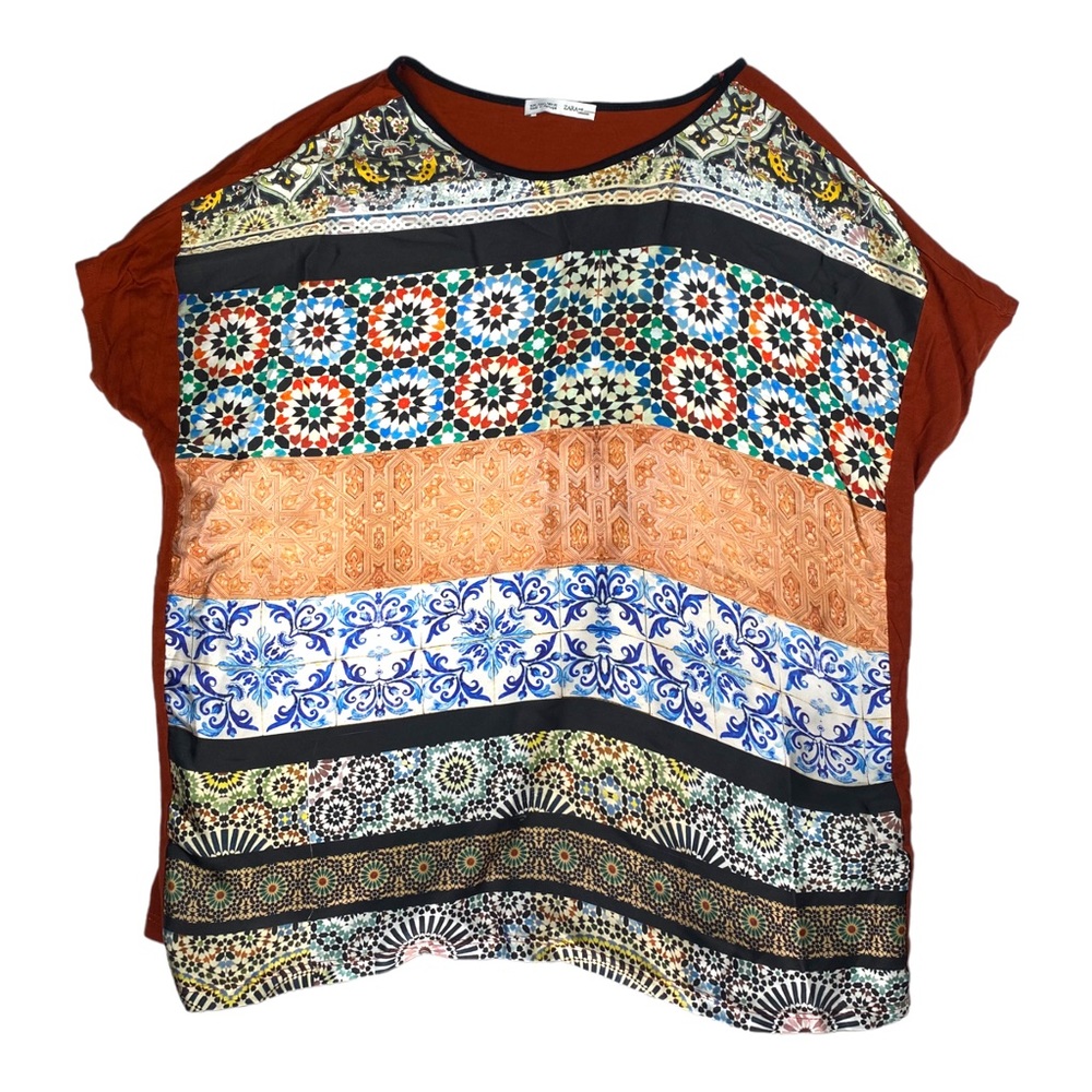 Zara Womens Basic Short Sleeve Red Multicolored Print Top Size Large